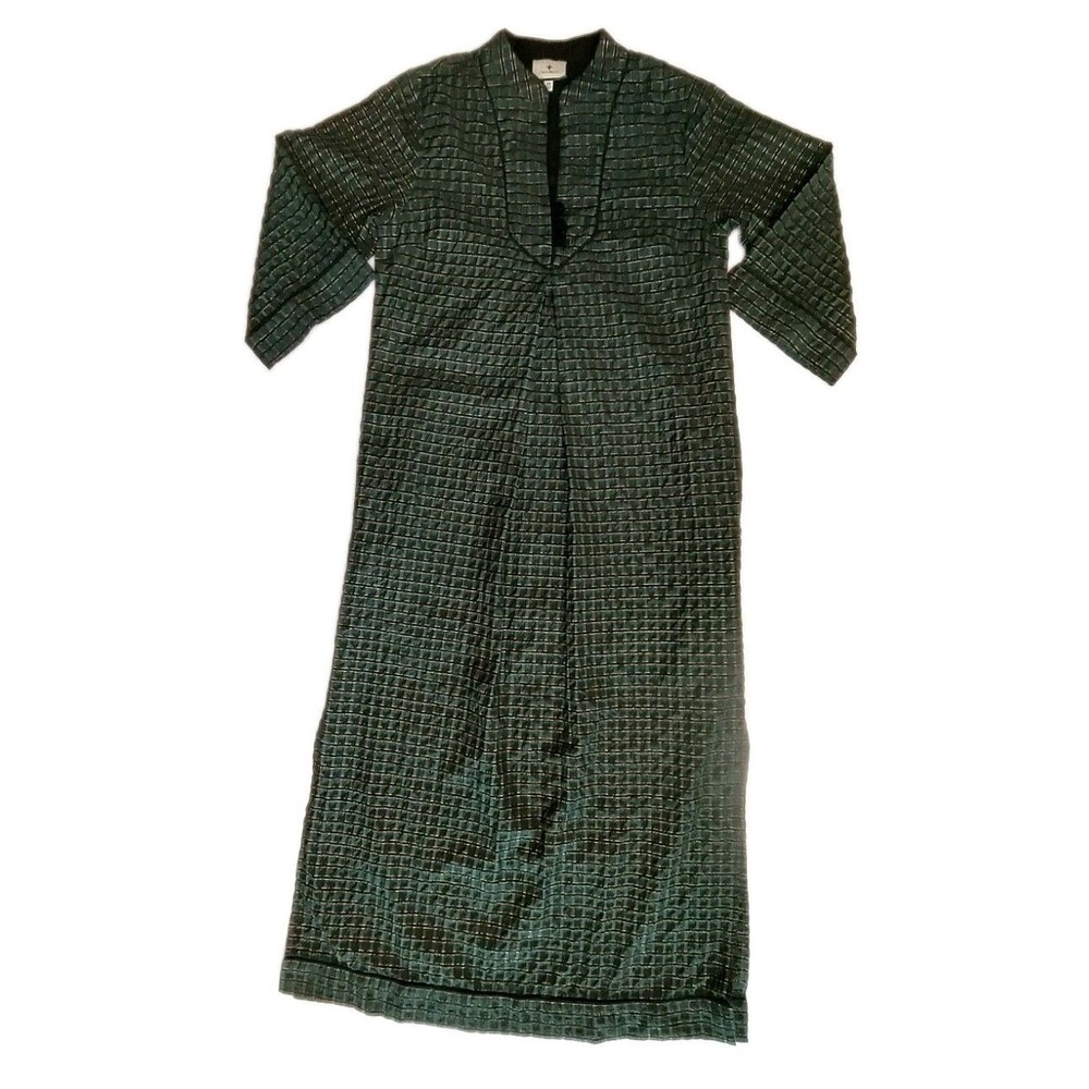 Tuckernuck Green Plaid Metallic Chintz Maxi Caftan Robe XS 3/4 Sleeve
